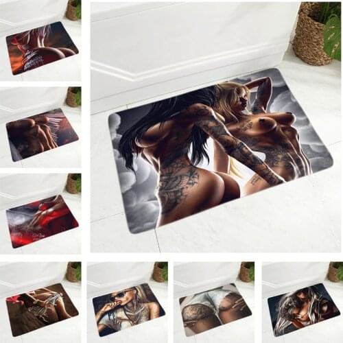 Super Soft Flannel Sexy Beautiful Girl Floor Door Mat for Bedroom Non-Slip Decor Dark Goth Tattoo Doormat Kitchen Carpet 40x60cm