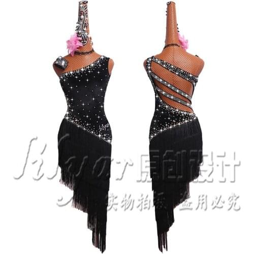 Latin Dance Competition Dress Performance Dress Black velvet shoulder fringed skirt