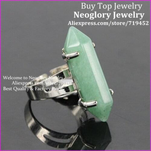 10PCS Natural Green Aventurine Adjustable Finger Rings Gems Stone Hexagonal Point Reiki Chakra Bead Ring Unisex Silver Plated