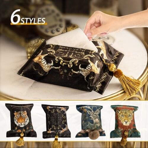 Luxury Tiger Print Tissue Box Cover Retro Leopard Rectangular Velvet Napkin Paper Facial Tissue Box Covers Home Bathroom Decor