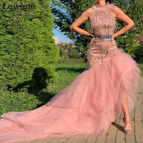 Special Arabic Crystals Prom Dress Mermaid Middle East Evening Dress Long With Sash Pink Feathers Celebrity Ceremony Gowns