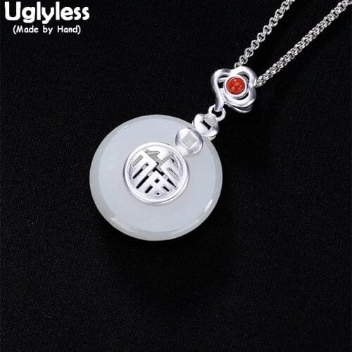 Uglyless 100% Real 925 Sterling Silver Handmade Hollow Chinese FU Pendants for Women Jade Button Necklaces NO Chains Agate Jewel