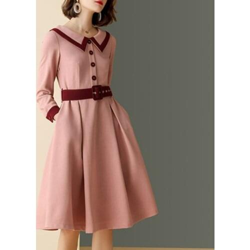 Vintage women dress autumn winter doll collar button tunic dress French style elegant office ladies OL midi dress