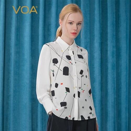 VOA Heavyweight Silk 30m/m White Black Dot Pointed Collar Long-sleeved Creative Single-row Twist Button-up Shirt BE267