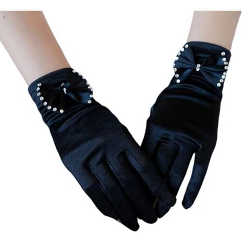 Women Satin Short Wedding Gloves Rhinestone Jewelry Bowknot 1920s Flapper Opera Party Bridal Full Finger Mittens