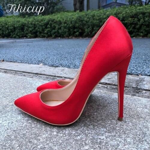 Tikicup Women Red Satin Pointed Toe Pumps Slip On Stilettos Comfortable Ladies Silk High Heels Wedding Party Dress Shoes