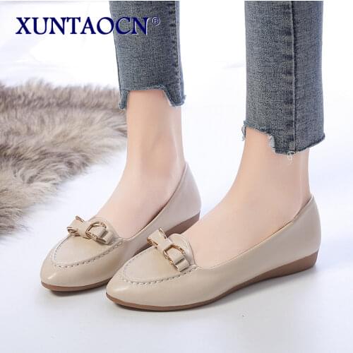2021 Women Commuter Work Pink Low Heel Pumps Ladies Casual Bow Wedge Heel Boat Shoes Female PU Leather Pointed Toe Slip On Shoes