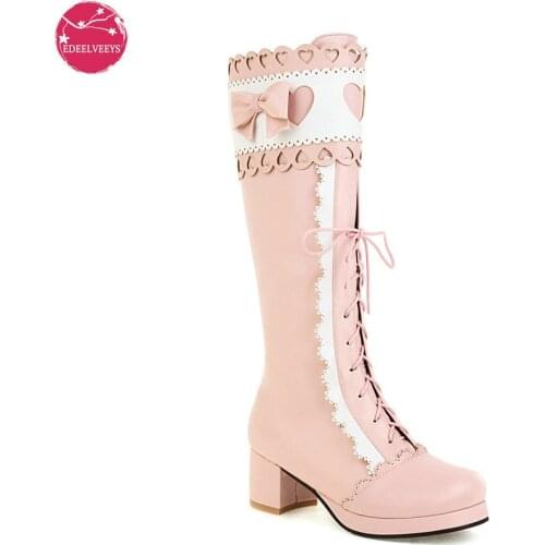 Women Vintage Lolita Boots Chunky High Heel Platform Mid-Calf Bootie Girls Studded Hollow Heart Shape Pink Black White Patchwork