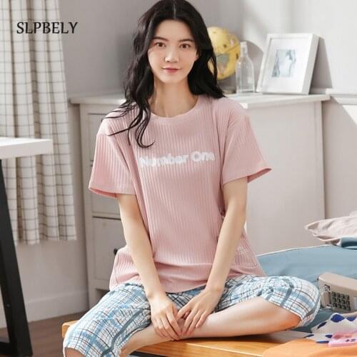 SLPBELY Womens Pajamas Set Summer Cartoon O Neck Short Sleeve Lovely Plaid Mujer Pijama Sleepwear Homewear Nightsuit Pyjamas