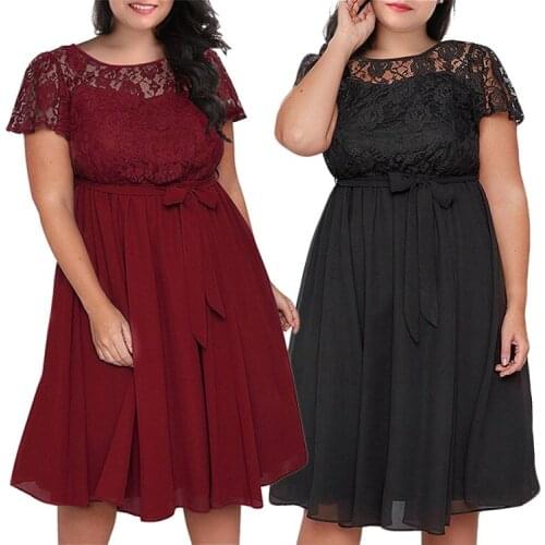 Womens Lace Stitching Short Sleeve Belt Dress 2020 Hot Sale All-Match Sexy Plus Size Solid Color Summer New Style