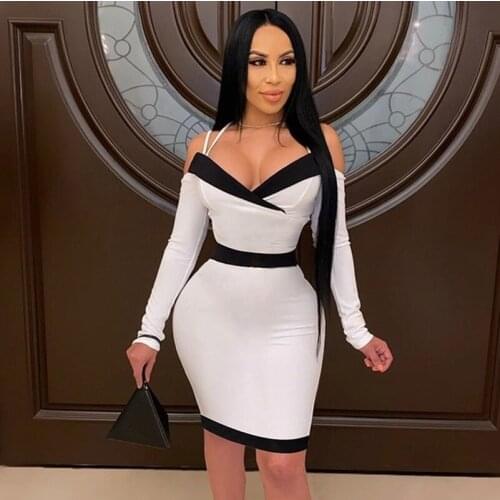 Color Patchwork Sexy Spaghetti Strap Dress Women Autumn Long Sleeve Bodycon Mini Dress Backless V-Neck White Dresses for Women