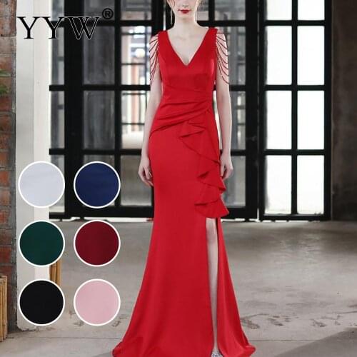 2021 Crystal Beading V Neck Sleeveless Elegant Evening Dresses Women High Slit Formal Gowns Ruffled Green Red Sexy Club Vestidos