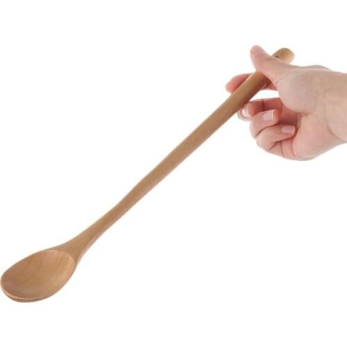1Pc Wooden Long Handle Spoon Round Natural Solid Wood Soup Scoops Dessert Porridge Tea Coffee Spoons Tableware Kitchen Supplies