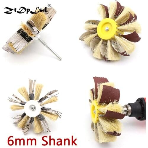 1PCS Shaft Mounted Sandpaper Sisal & Emery Cloth Bristle Grinding Polishing Brush Wheel 6MM Shank For Wood Primer Sanding