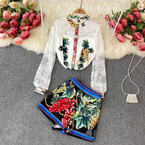 Amolapha Women Summer Elegant Big Size 2-Piece Sets Print Lace Patchwork Blouse Tops+Wide Legs Shorts Office Work Clothing Suits