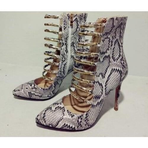 Sexy Shoes Woman Snake Skin Leather Pattern Pointed Toe 2019 Fashion Boots with High Thin Heel and Multiple Thin Straps