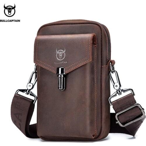 BULLCAPTAIN Crazy Horse Leather Mens Waist Bag 7 Inch Multifunctional Mobile Phone Bag Bag Mens Shoulder Messenger Bag Brown