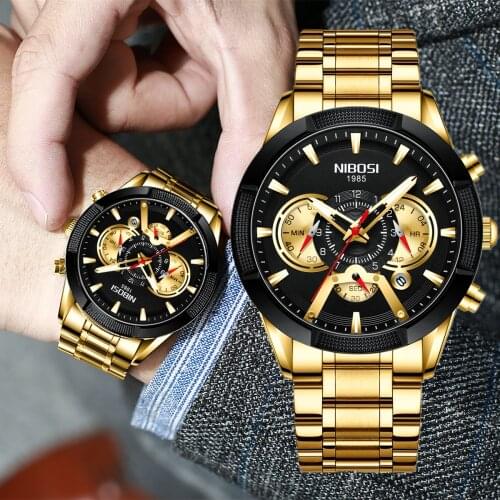 NIBOSI Gold Hollow Men Watches Fashion Casual Big Dial Sport Wristwatch Men Waterproof Chronograph Retro Watch Relogio Masculino