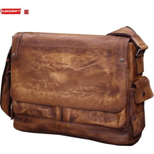 Business Genuine Leather Laptop Bag Mens Briefcase Men Shoulder Bag Retro Messenger Bags Vegetable Tanned Cowhide 2020 New Male