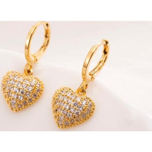 Elegant Heart 18 KT THAI BAHT Fine Solid Gold Diamond Drop Earring Korean Style Full Earrings Women Luxurious Jewelry