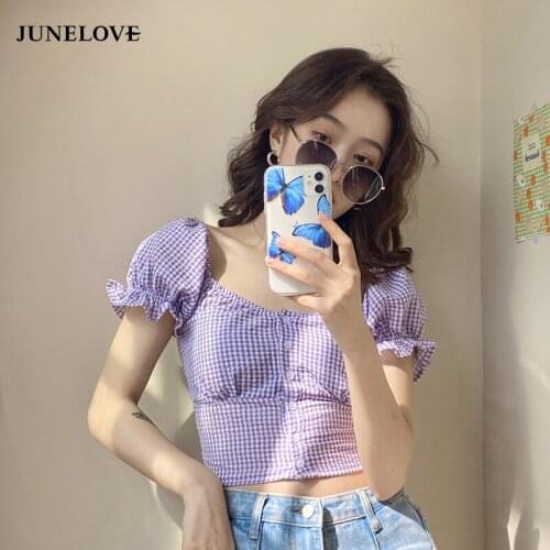 Bella Philosophy Plaid Vintage Short Tops Blusas Mujer De Moda Slim Crop Top Women Square Collar Blouses Puff Sleeve Shirts New