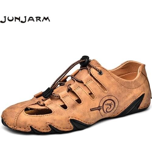 JUNJARM New Summer Men Leather Sandals Business Casual Shoes Men Outdoor Beach Sandals Roman Men Summer Water Shoes Size38-48