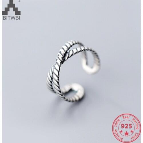 Korea Hot Style 925 Sterling Silver Simple Retro Vintage Cross Twist Open Ring Jewelry for Women