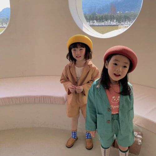 Girls Suit 2021 Spring New Baby Solid Color Fashion Children Casual Long-sleeved Shorts Suit Two-piece