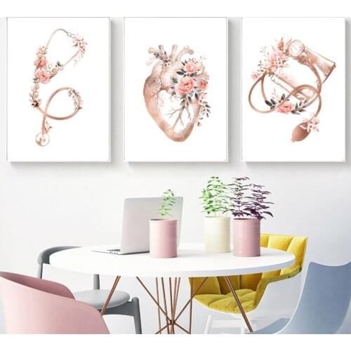 Creative Medical Equipment Canvas Painting Warm Medical Poster Flowers Heart & Stethoscope & ECG Hospital Home Wall Art Picture