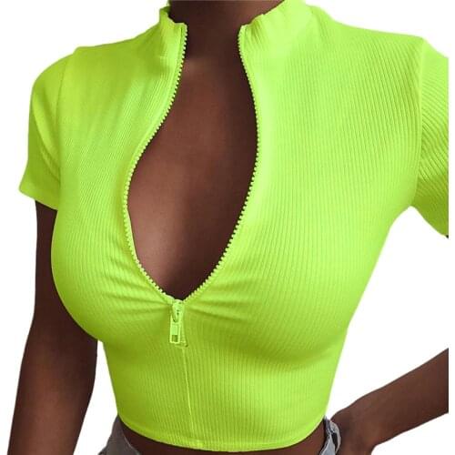 Ladies Solid Color Crop Top Summer Women Sexy Stand Collar Short Sleeve Slim T-shirt Female Close-fitting Zipper Sports Top