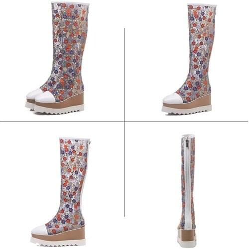 Fashion Woman Knee High Boots Female Wedge Flower Embroidered Motorcycle Boots Back Zip Round Toe