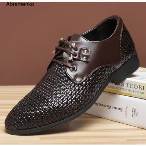 Spring Woven Skin Leather Men Shoes Summer Hollow Breathable Oxfords Shoe Man Casual Slip On Formal Dress Shoes Man Size 37-44
