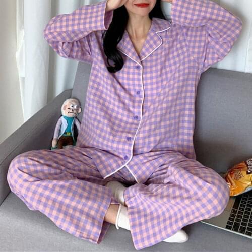 2021 New Autumn Women Pajama Set Sleepwear Plaid Home Wear Suit Pocket Korea Style Long Sleeve Pajama Button Top+Trousers Pyjama