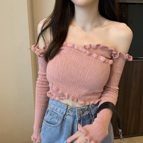 Autumn Women Sexy Lace Neckline Off Shoulder Knitted Blouse Long Sleeve Crop Top Womens long-sleeved knitted cardigan