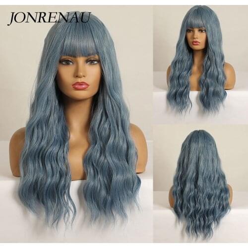 JONRENAU 26 inches Long pink Wig with Air Bangs Silky Full Heat Resistant Synthetic Wigs for Women Party Cosplay Body Wavy