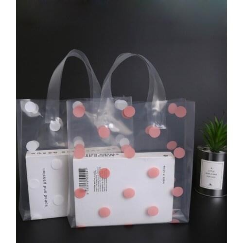 50Pcs/Lot White/Pink Dots Plastic Bag Transparent Gift Packaging Bag For Book/Clothes/Jewelry/Cake Plastic Handle Bags 3 Sizes