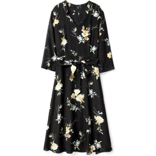 Black Summer Flower Printing Women A-Line Dress Three Quarter Sleeve V-Neck Lovely Sweet Skirt Silk Elegant Slim Ladies Dresses