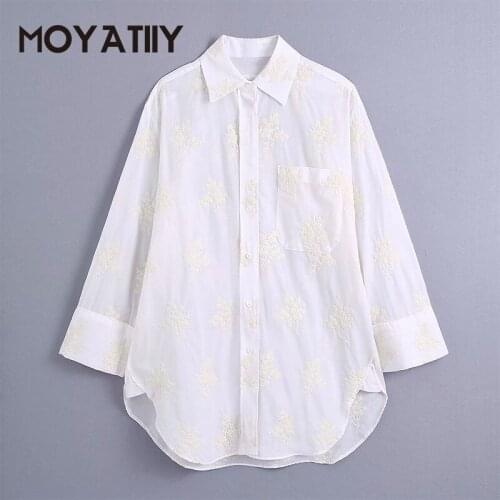 MOYATIIY Fashion Women Casual Shirts Boyfriend Style Oversize Cotton Spring Shirts with Embroidery Female Tops Large Pocket