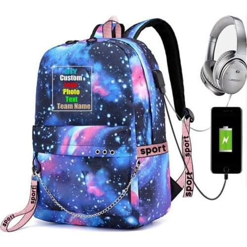 2019 Custom Logo Printed Customized Text Photo Unisex USB charging bag for both male and female students backpack