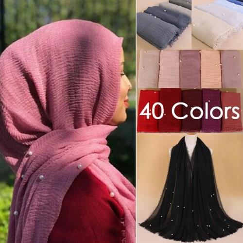 40 Colors 180*90cm Plain Jersey Beads Hijab Scarf Women Ladies Crinkled Cotton Muslim Hijab Wrap Maxi Islam Pearl Shawl Headband