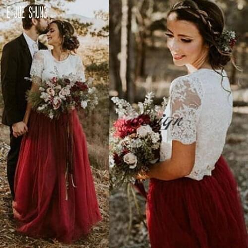 E JUE SHUNG White and Burgundy Wedding Dresses Jewel Neck Short Sleeves Button Back Two Pieces Wedding Gowns Robe De Mariee