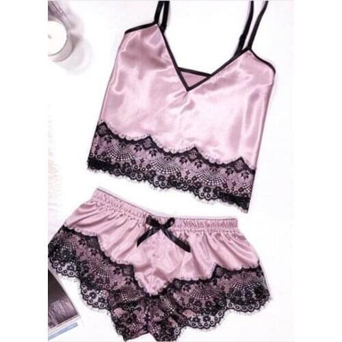 Trendy Fashion Ladies Sexy Lace V-Neck Pajamas Shorts Suit Ice Silk Bow Lace Black Embroidery Nightgrown Sexy Lingerie