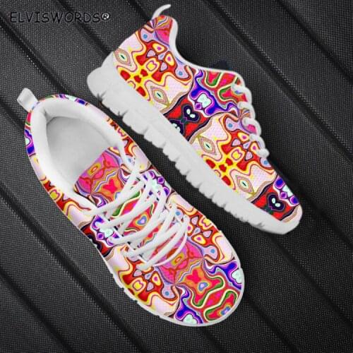 ELVISWORDS Stylish Geometric Patterns Comfortable Ladies Hiking Sports Shoes Casual Lace-up Flat-Shoes for Women zapatos mujer