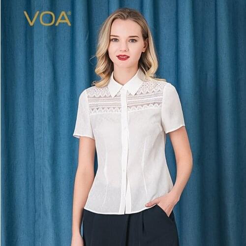 VOA Silk 22m/m Ivory White Jacquard Polo Collar Hollow Lace Short Sleeve Single-Breasted Classic Shirt BE27 Tops for Women