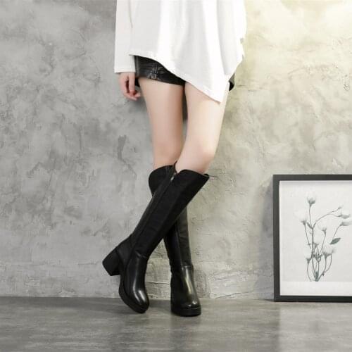 Women Leather Handmade Knee-Length Boots With Chunky Heel Short Plush Lining