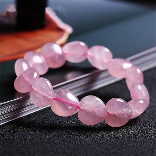 Genuine Natural Pink Rose Quartz Heart Beads Bracelet Madagascar Stretch Love Crystal Gift 14x14mm Woman Round Beads AAAAA