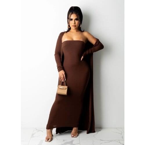 2021 New Arrival Fashion Design 2 pcs Women Set Solid X-long Outwear Strapless Maxi Dress Autumn Sexy Outfits