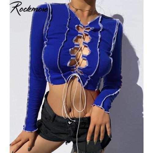 Rockmore Patchwork Long Sleeve Bandage Crop Tops Women Ribbed Sexy Party T-Shirt Hollow Out Bodycon Club Tie Front Top Female