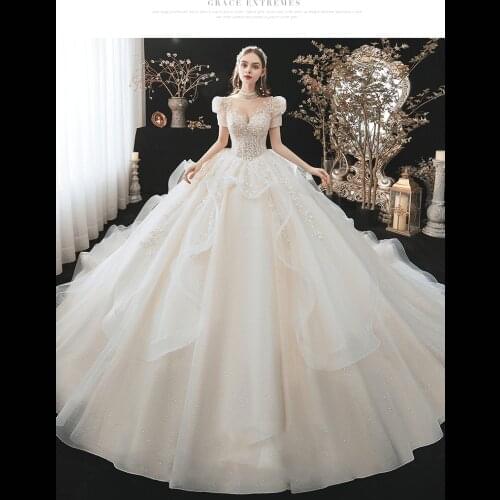 CloverBridal 2021 In Stock Glitter Exquisite Beaded Wedding Dress High Neck Short Sleeves robe de soirée de mariage DH9518