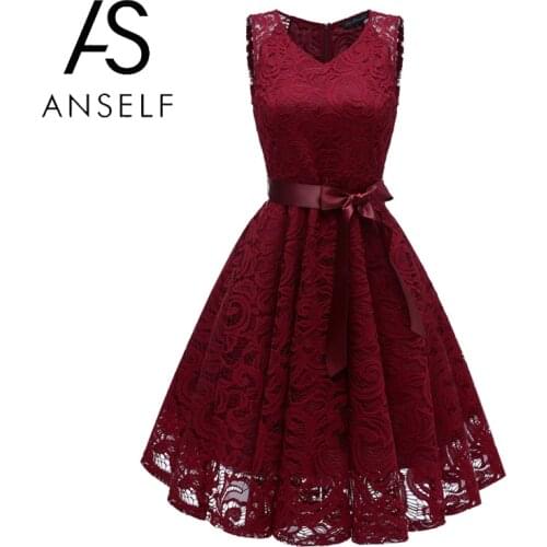 Anself Sexy Elegant Women Lace Dress for Wedding Hollow Out Sleeveless Dress V-Neck Belt Sweet Princess Evening Party Dresses